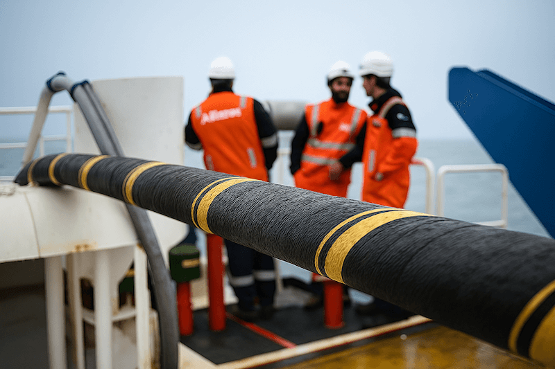 Submarine communications cable aboard a cable-laying ship